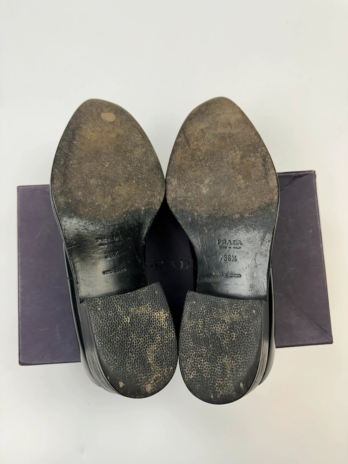 Prada black patent leather loafers with pointy toe and vintage 90's design.