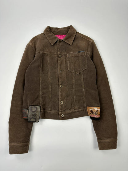 Dolce & Gabbana brown jacket with patch tags and vintage 2003 runway details.