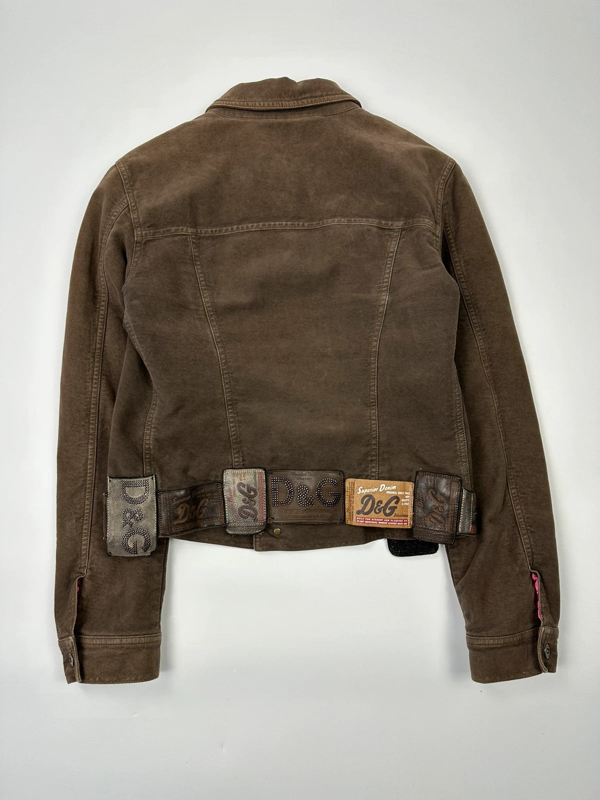 Dolce & Gabbana brown jacket with patch tags and vintage 2003 runway details.