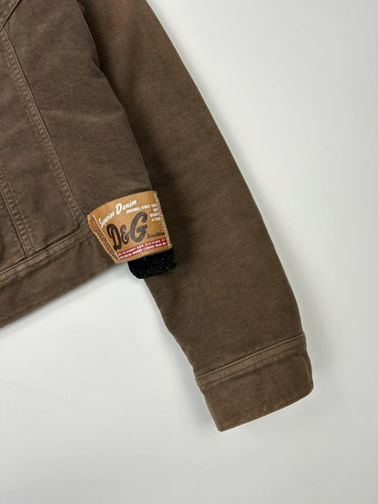 Dolce & Gabbana brown jacket with patch tags and vintage 2003 runway details.