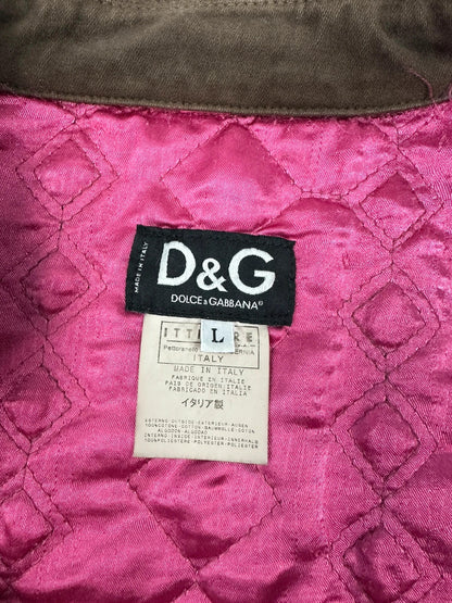Dolce & Gabbana brown jacket with patch tags and vintage 2003 runway details.