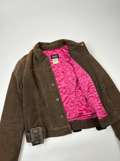 Dolce & Gabbana brown jacket with patch tags and vintage 2003 runway details.