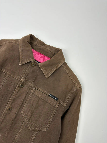 Dolce & Gabbana brown jacket with patch tags and vintage 2003 runway details.