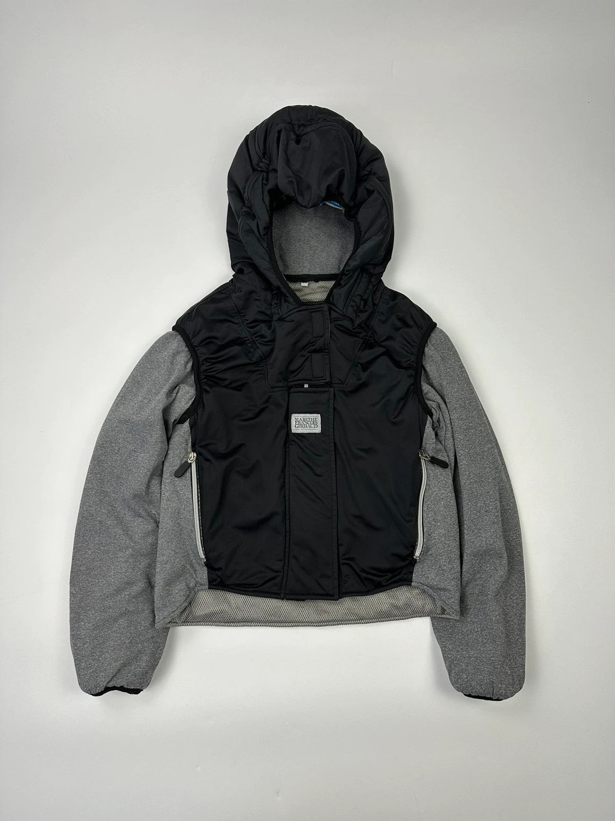 Marithé François Girbaud 80s puffy hooded jacket black and grey with logo details.