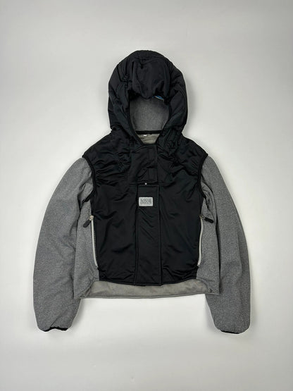 Marithé François Girbaud 80s puffy hooded jacket black and grey with logo details.