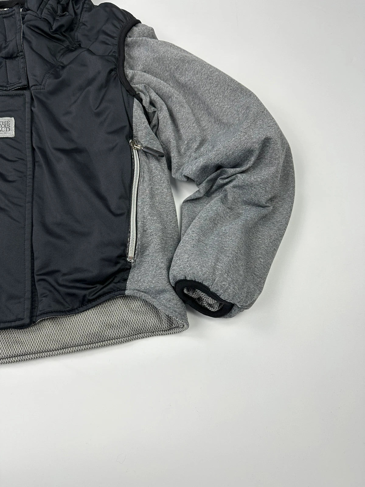 Marithé François Girbaud 80s puffy hooded jacket black and grey with logo details.