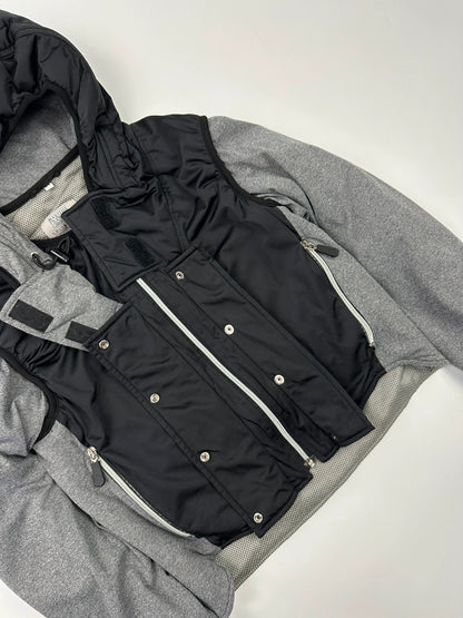 Marithé François Girbaud 80s puffy hooded jacket black and grey with logo details.
