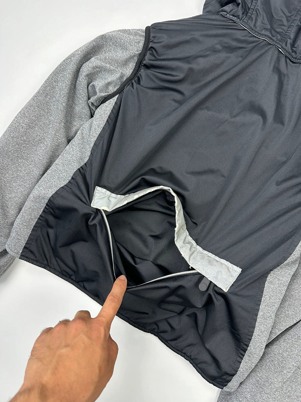 Marithé François Girbaud 80s puffy hooded jacket black and grey with logo details.