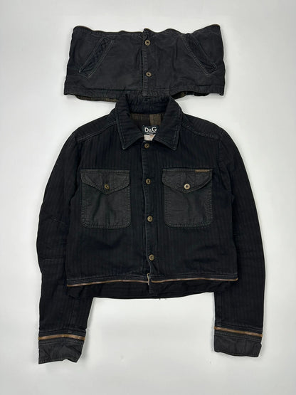Dolce & Gabbana black denim jacket with detachable features and logo detailing.