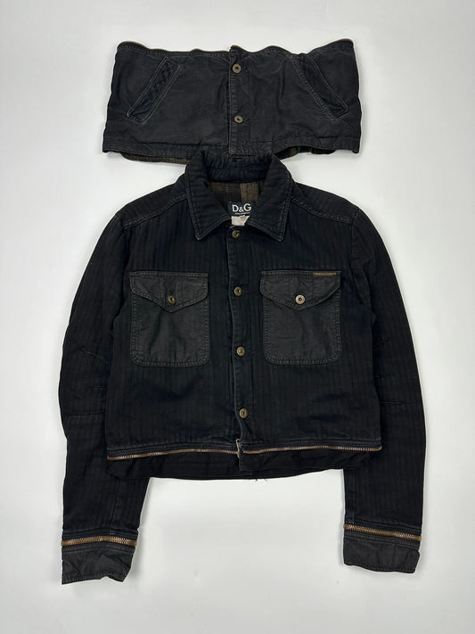 Dolce & Gabbana black denim jacket with detachable features and logo detailing.