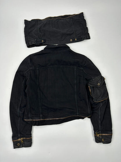 Dolce & Gabbana black denim jacket with detachable features and logo detailing.