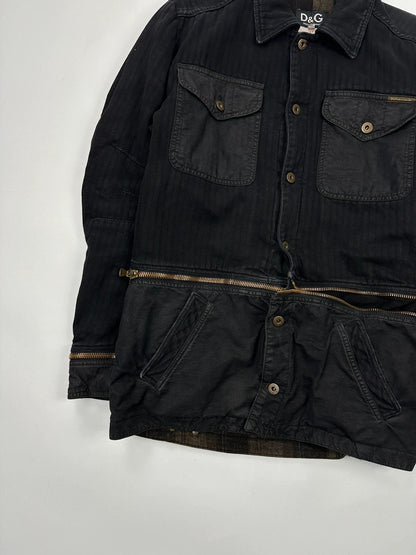 Dolce & Gabbana black denim jacket with detachable features and logo detailing.