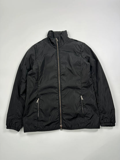 Prada black padded nylon jacket with double zip and minimalist design.