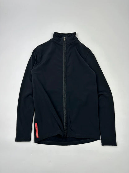 Prada black zip-up jacket featuring fleece material and iconic logo detail.