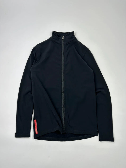 Prada black zip-up jacket featuring fleece material and iconic logo detail.