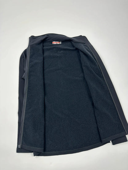 Prada black zip-up jacket featuring fleece material and iconic logo detail.