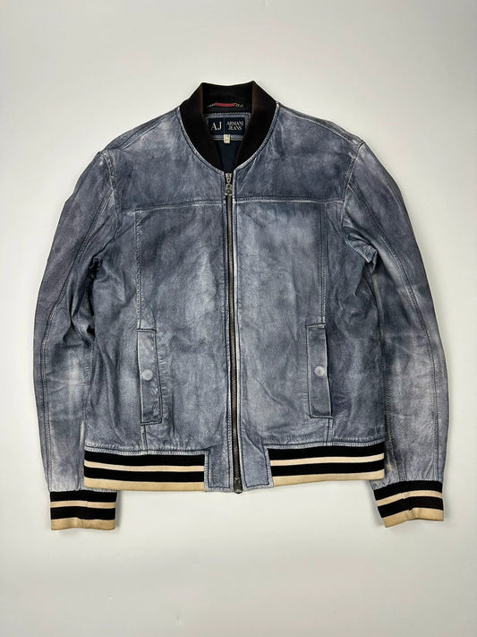 Armani blue and purple bomber jacket, eroded leather, vintage 2000s style.
