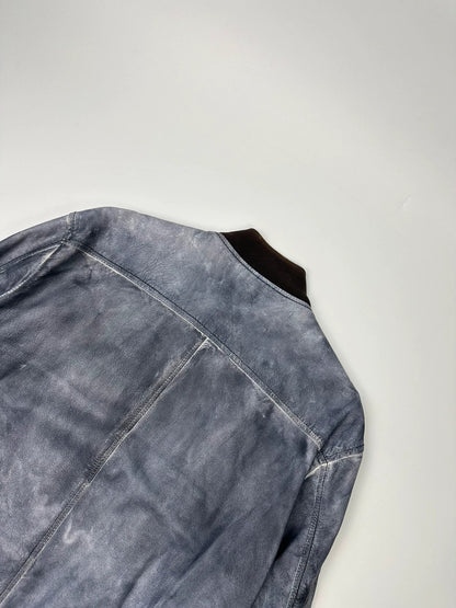 Armani blue and purple bomber jacket, eroded leather, vintage 2000s style.