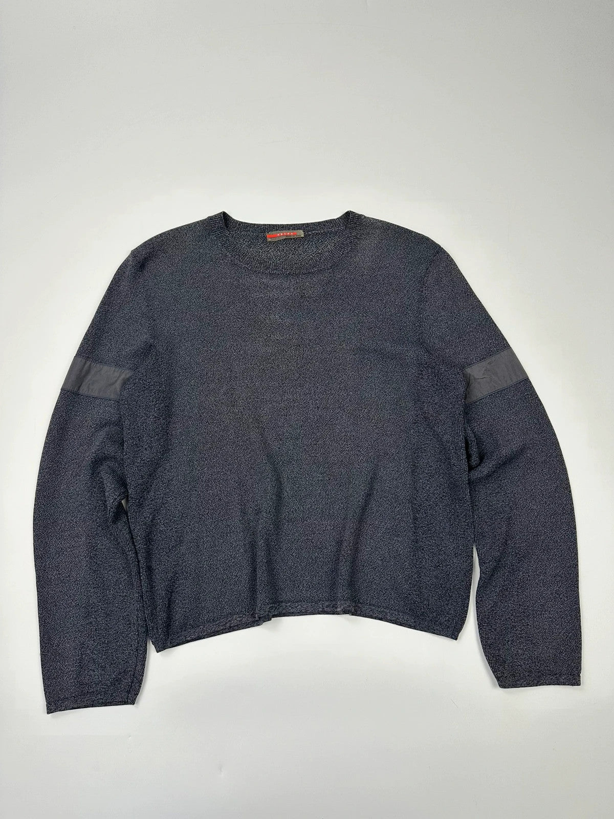Prada Sport grey heathered knit sweater, boxy crop style, luxury designer label.