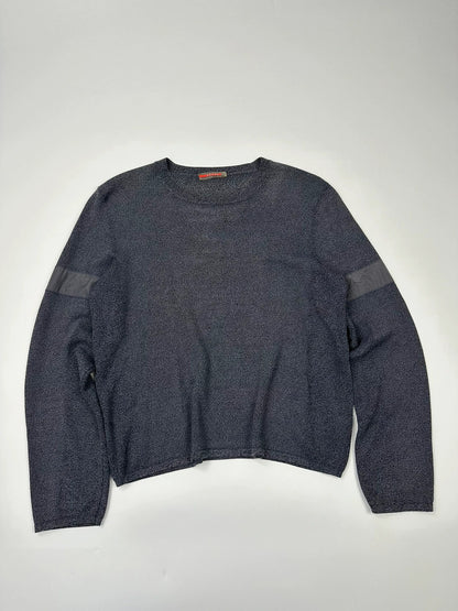 Prada Sport grey heathered knit sweater, boxy crop style, luxury designer label.