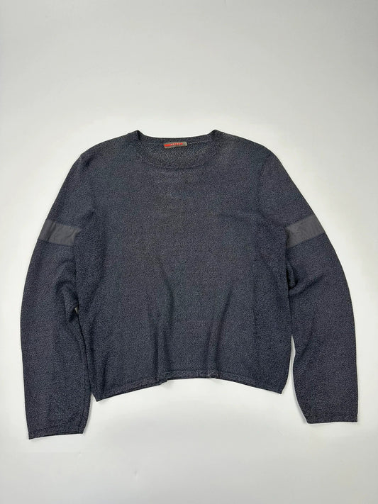 Prada Sport grey heathered knit sweater, boxy crop style, luxury designer label.