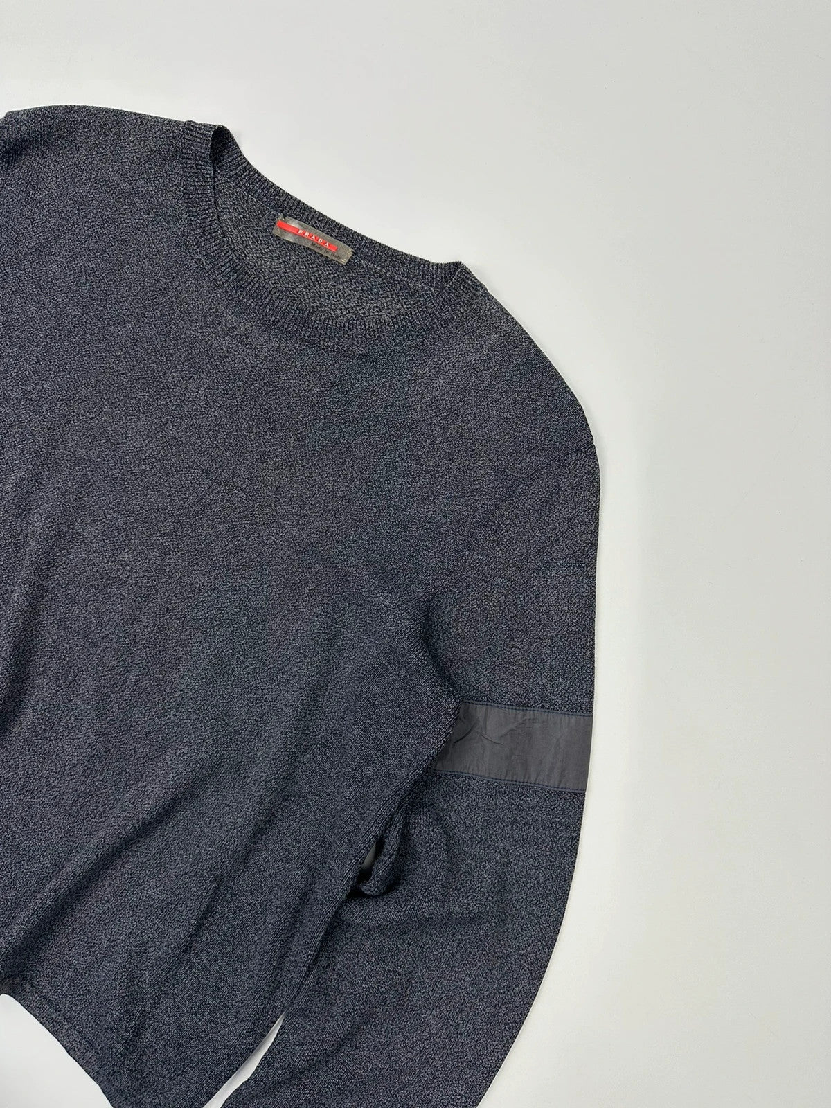 Prada Sport grey heathered knit sweater, boxy crop style, luxury designer label.