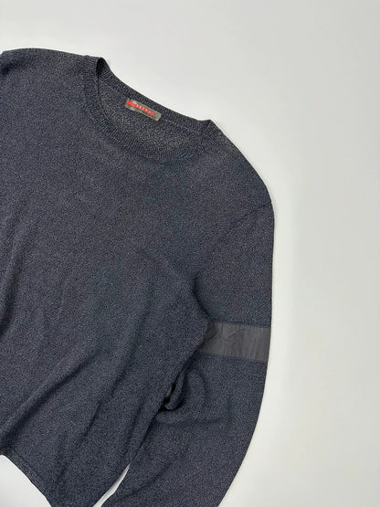 Prada Sport grey heathered knit sweater, boxy crop style, luxury designer label.