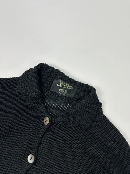 Jean-Paul Gaultier black knit cardigan with unique texture and minimalist design.