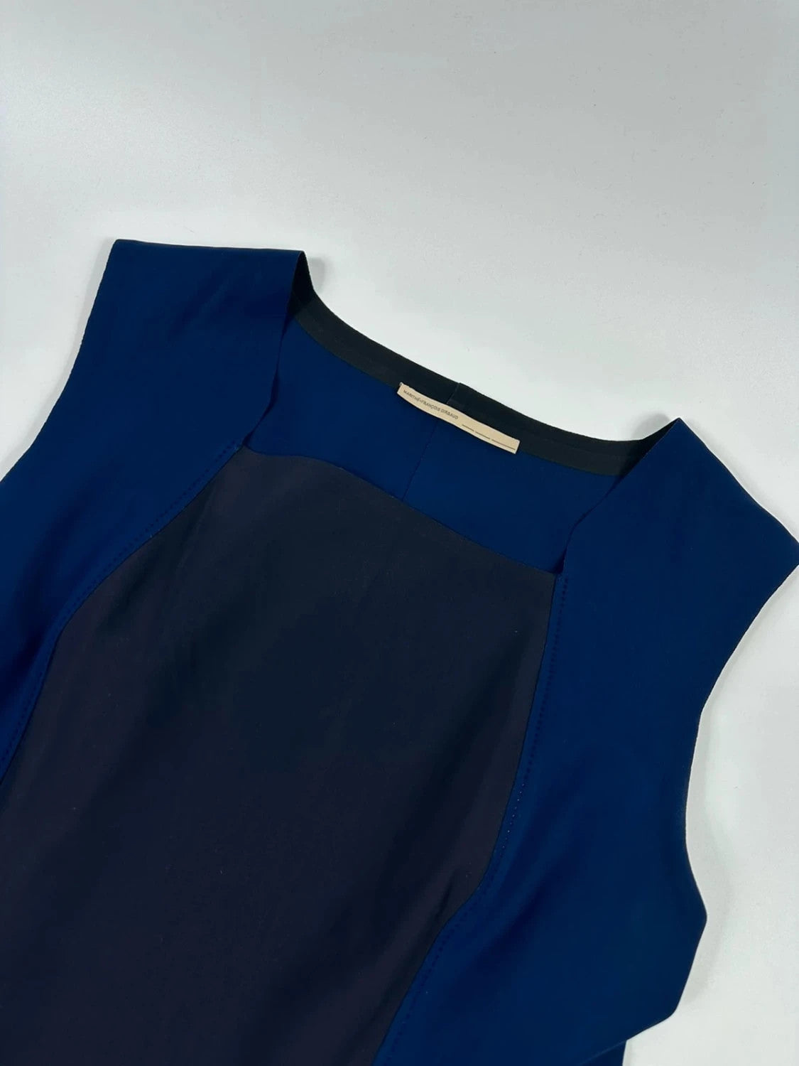 Marithe Francois Girbaud blue and navy ball gown with pockets and unique two-tone design.