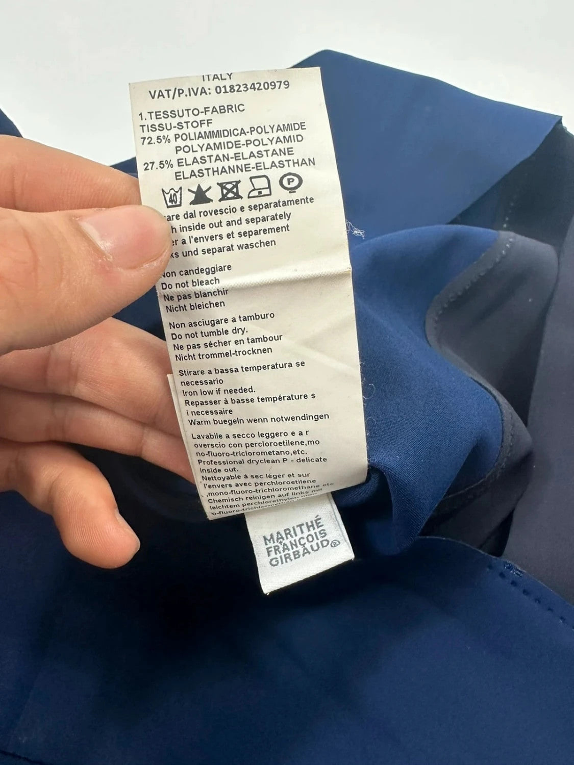 Marithe Francois Girbaud blue and navy ball gown with pockets and unique two-tone design.