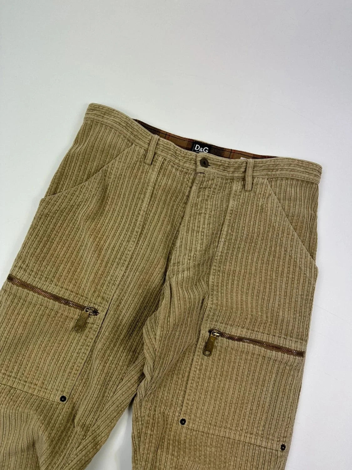 Dolce & Gabbana beige wide-leg trousers corduroy fabric with vintage design details.