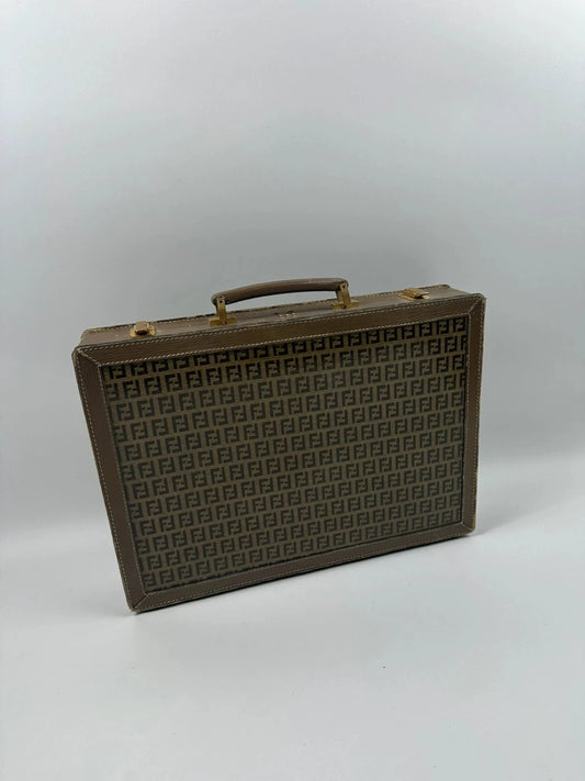 Fendi beige and brown briefcase with 70s FF monogram pattern and leather material.