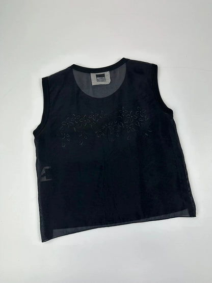 Marithé Francois Girbaud black tank top with floral laser cut details and sheer back.