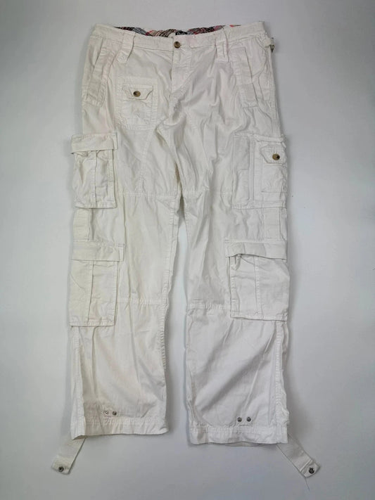Dolce & Gabbana white wide-leg trousers with multiple pockets and adjustable drawstring waist.