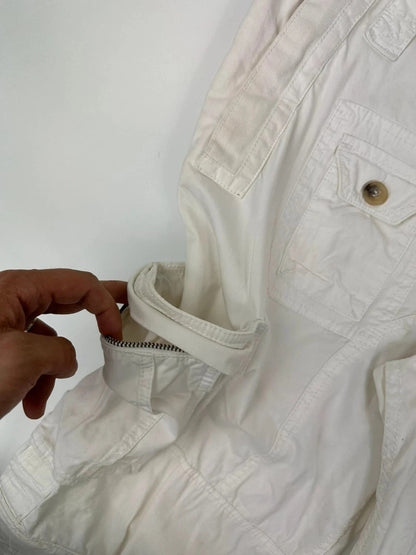 Dolce & Gabbana white wide-leg trousers with multiple pockets and adjustable drawstring waist.