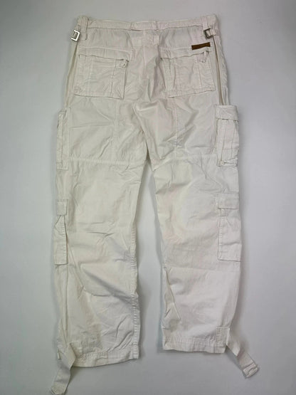 Dolce & Gabbana white wide-leg trousers with multiple pockets and adjustable drawstring waist.
