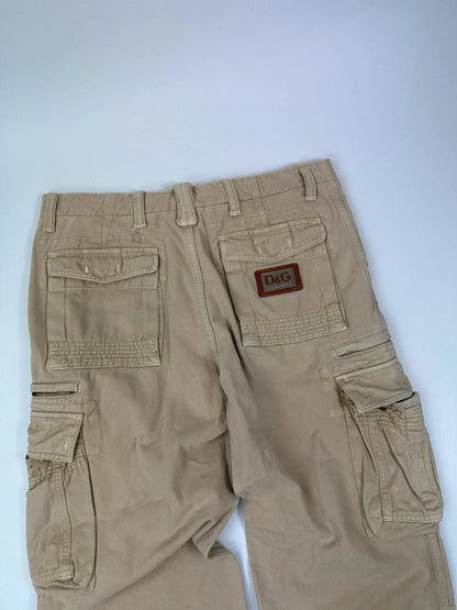 Dolce & Gabbana beige wide-leg trousers with logo on back pocket and adjustable drawstring.