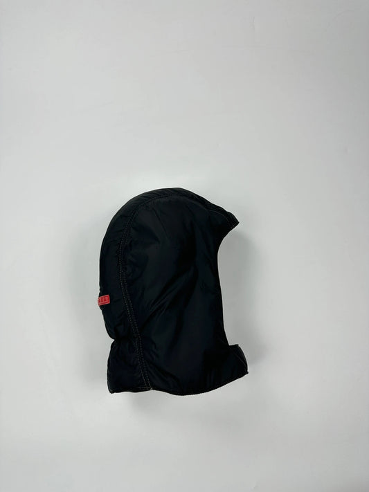 Prada black balaclava nylon material with logo detail from FW99 collection.