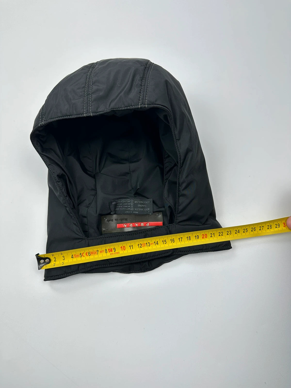 Prada black balaclava nylon material with logo detail from FW99 collection.
