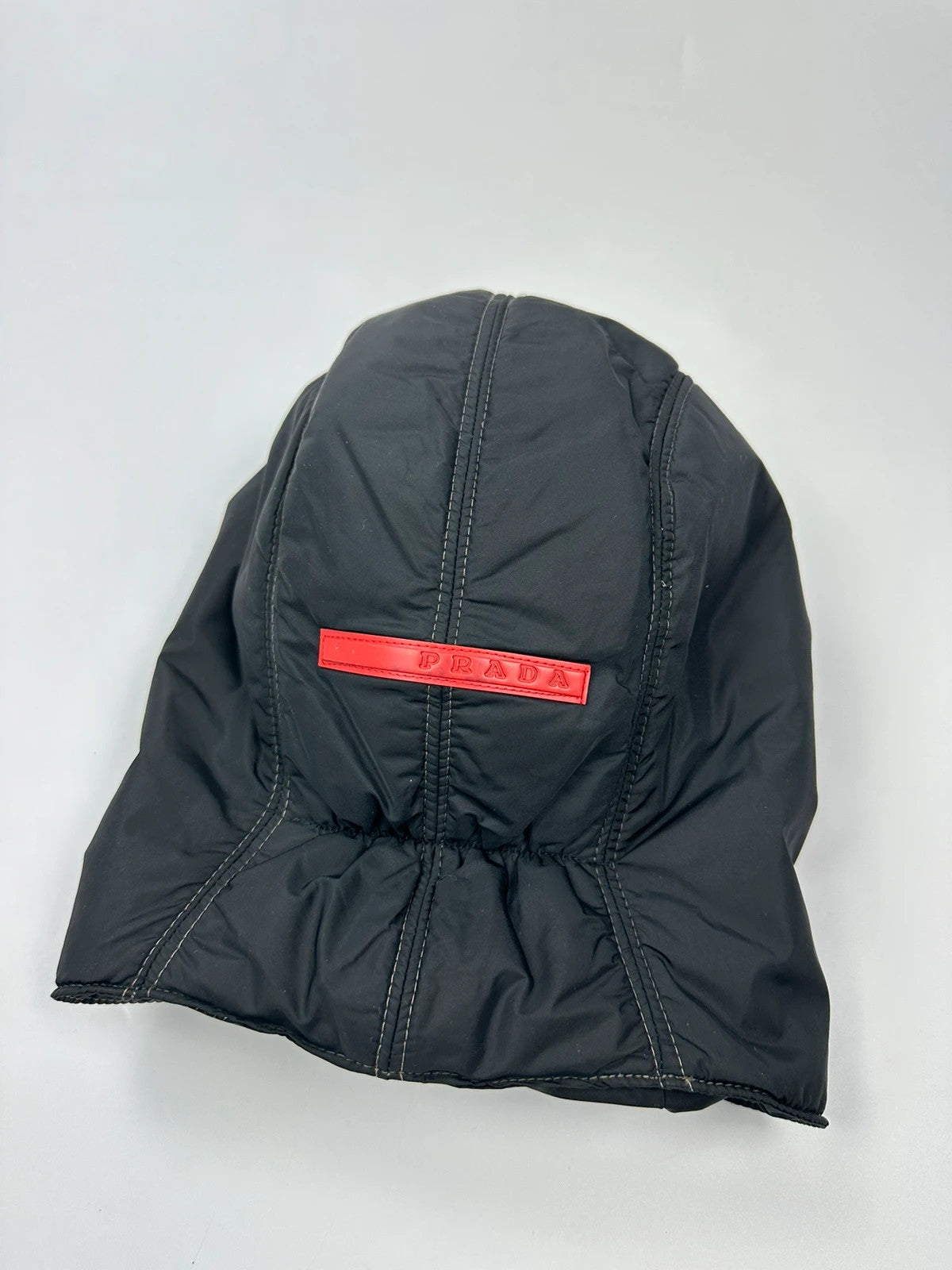 Prada black balaclava nylon material with logo detail from FW99 collection.