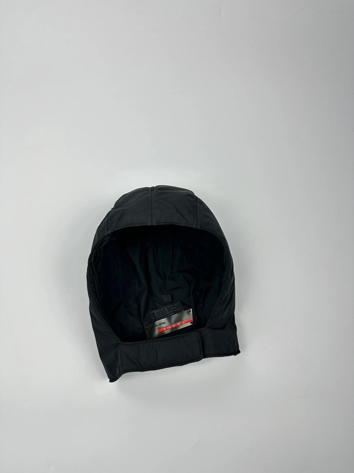Prada black balaclava nylon material with logo detail from FW99 collection.