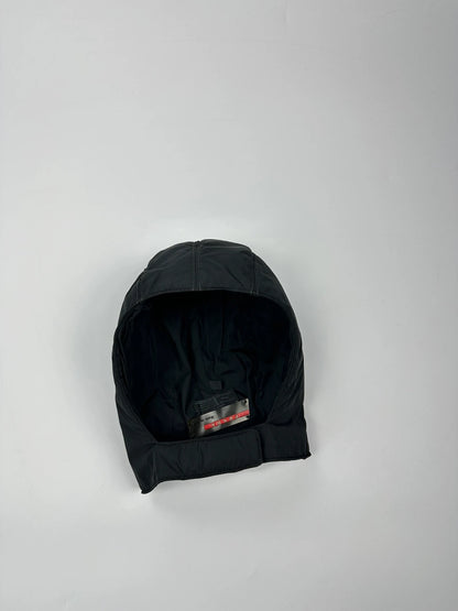 Prada black balaclava nylon material with logo detail from FW99 collection.