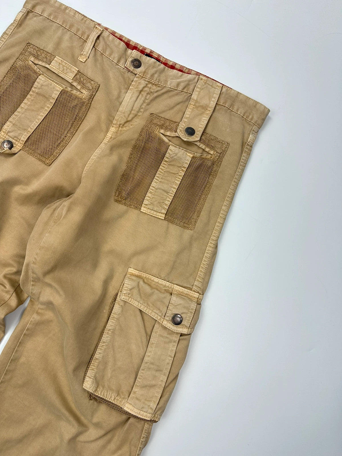 Dolce & Gabbana beige wide-leg trousers with cargo pockets and vintage 2003 design.