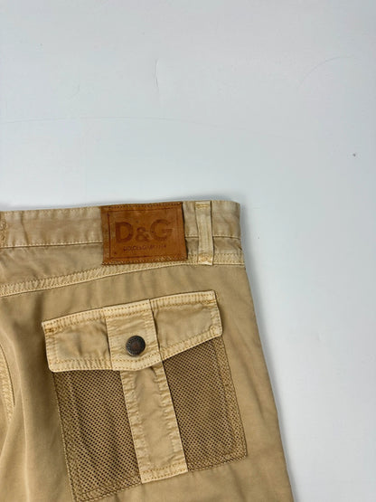 Dolce & Gabbana beige wide-leg trousers with cargo pockets and vintage 2003 design.