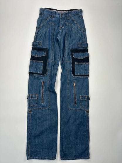 Dolce & Gabbana blue straight jeans with cargo pockets and mesh detailing from SS03 collection.
