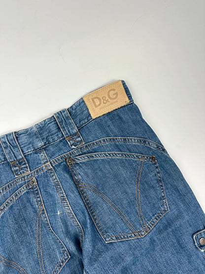Dolce & Gabbana blue straight jeans with cargo pockets and mesh detailing from SS03 collection.
