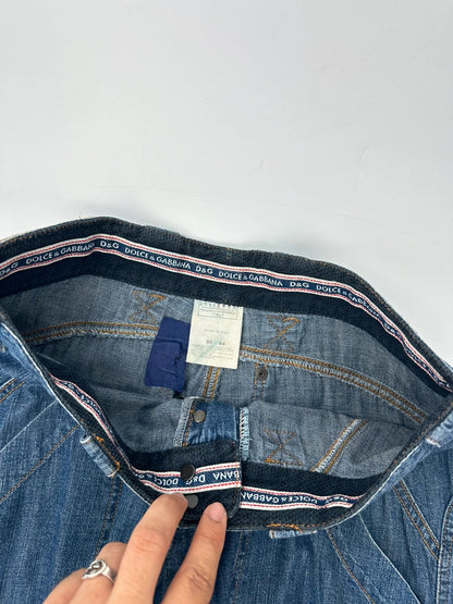 Dolce & Gabbana blue straight jeans with cargo pockets and mesh detailing from SS03 collection.