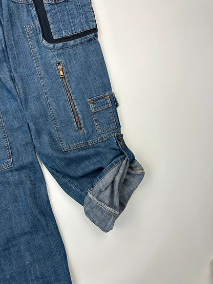 Dolce & Gabbana blue straight jeans with cargo pockets and mesh detailing from SS03 collection.