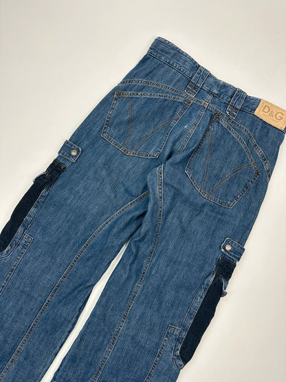 Dolce & Gabbana blue straight jeans with cargo pockets and mesh detailing from SS03 collection.