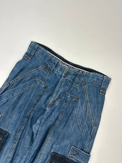 Dolce & Gabbana blue straight jeans with cargo pockets and mesh detailing from SS03 collection.